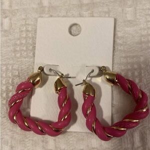 Gold and Pink Twisted Hoop Earrings